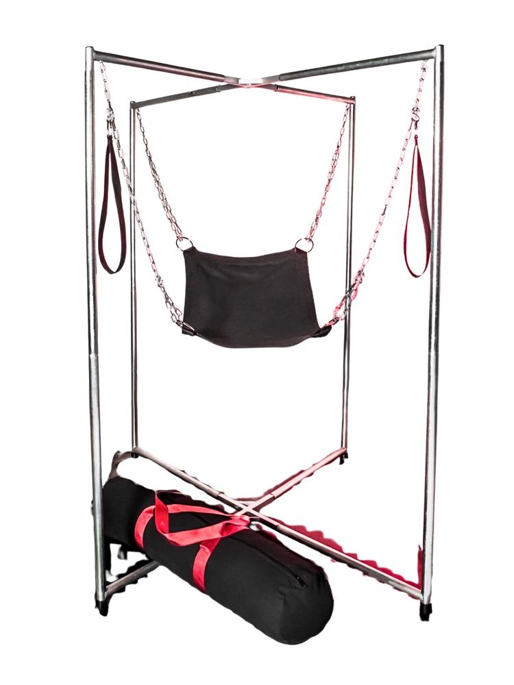 Black canvas sling on a stainless frame with carry bag