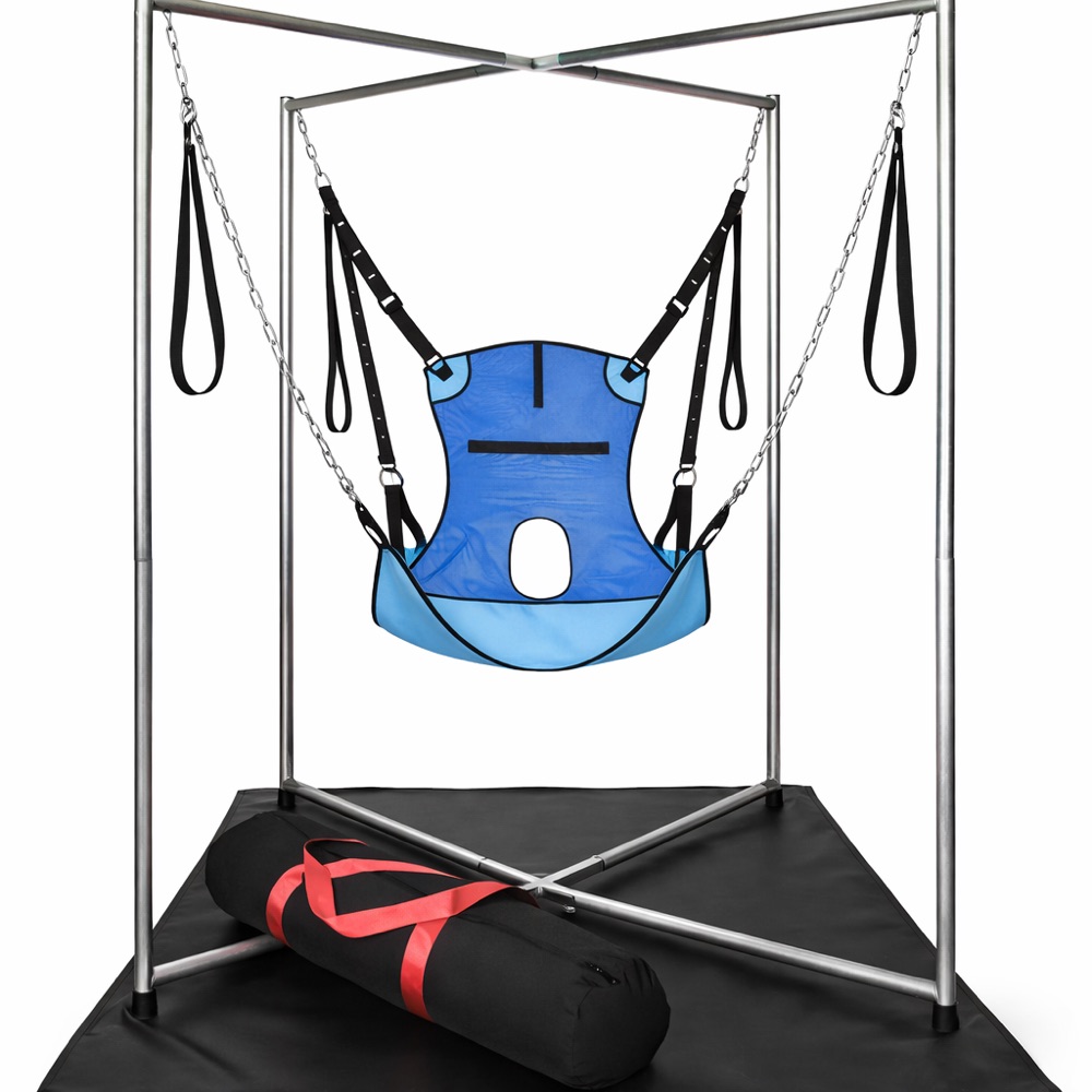 Single-use medical-style sling on a suspension frame